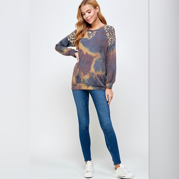 644 ❤️ 1X PLUS SIZE LEOPARD ACCENT TIE DYE KNIT PULLOVER- NAVY WINE - Picture 4 of 4